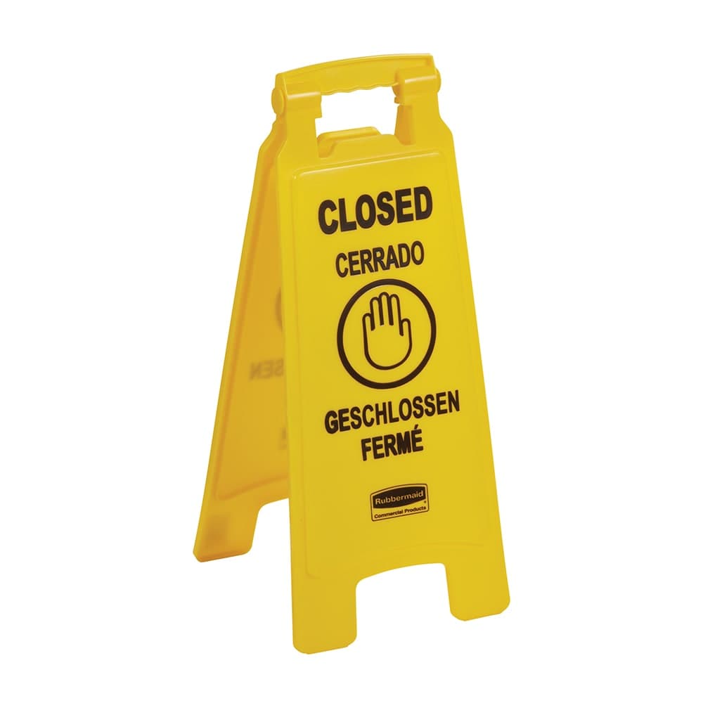 Rubbermaid FG611278 YEL Multi-Lingual Floor Closed Sign - 2 Sided, Yellow