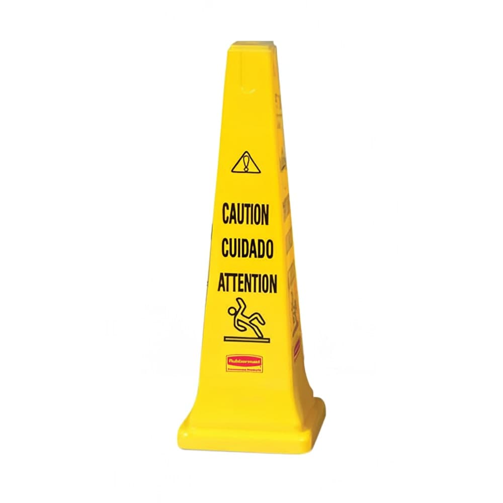 Rubbermaid FG627600 YEL Multi-Lingual Safety Cone - Caution, 12 1/4x12 1/4x36" Yellow