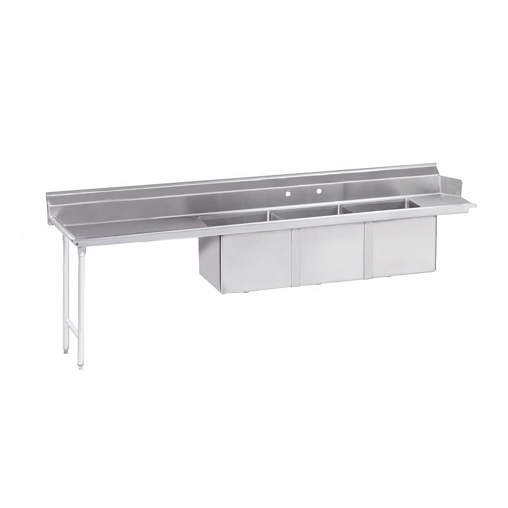 Advance Tabco DTC-3-1824-96LX 95" Straight Dish Table - Left to Right, 29" Left Drainboard, (3) 18" x 24" x 14" Bowls