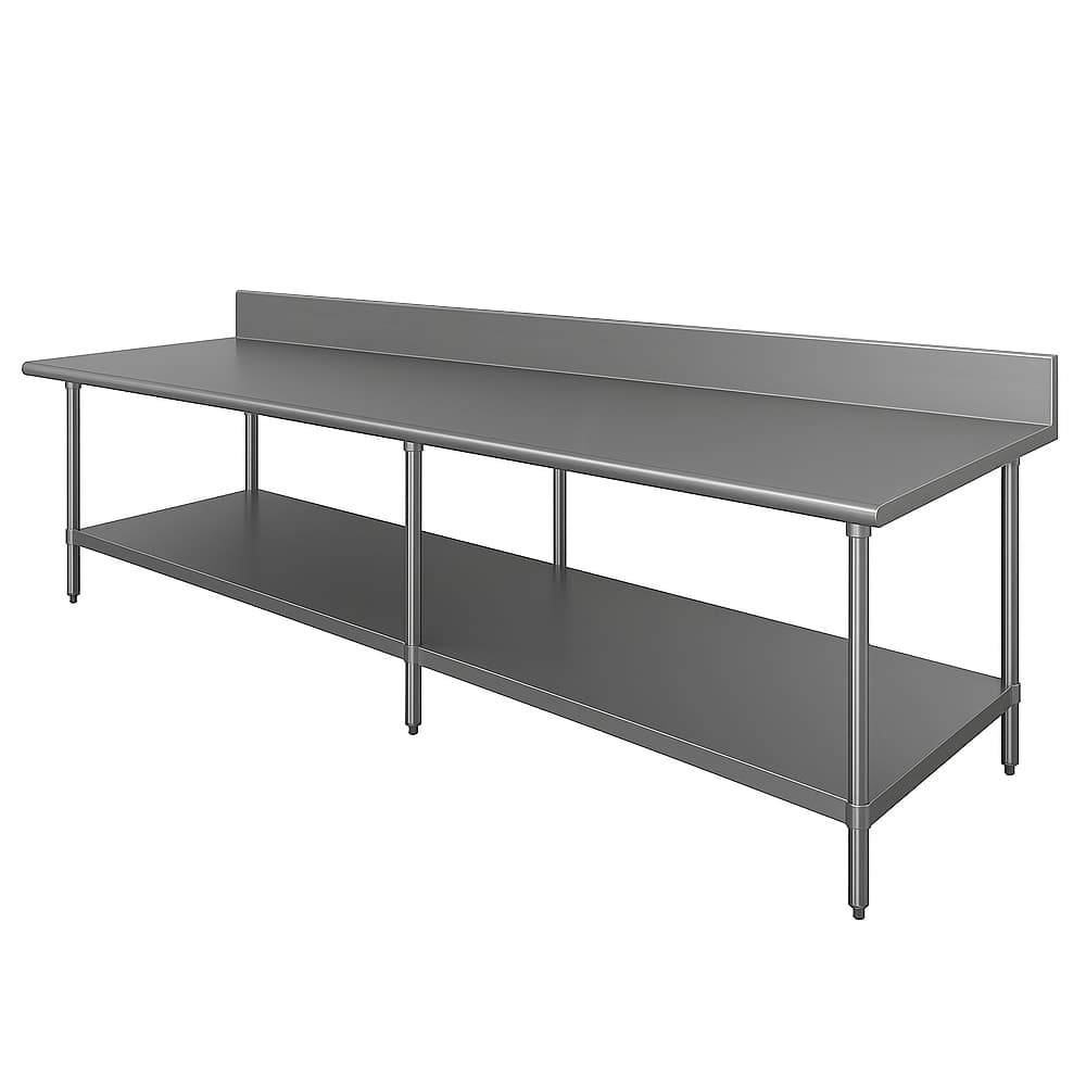 Advance Tabco KLG-309 108" 14 ga Work Table w/ Undershelf & 304 Series Stainless Top, 5" Backsplash
