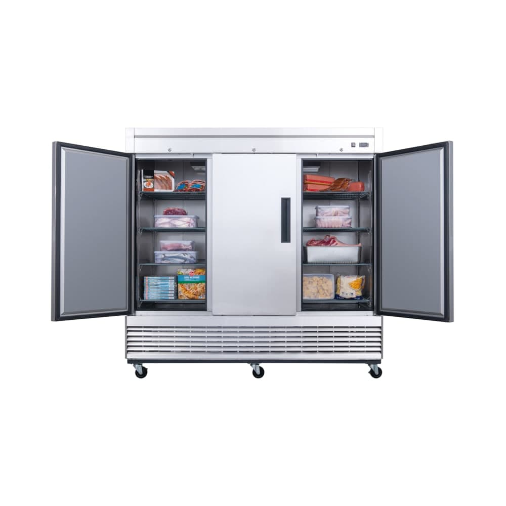 Dukers D83R 82 5/8" Three Section Reach In Refrigerator, (3) Left/Right Hinge Solid Doors, 115v