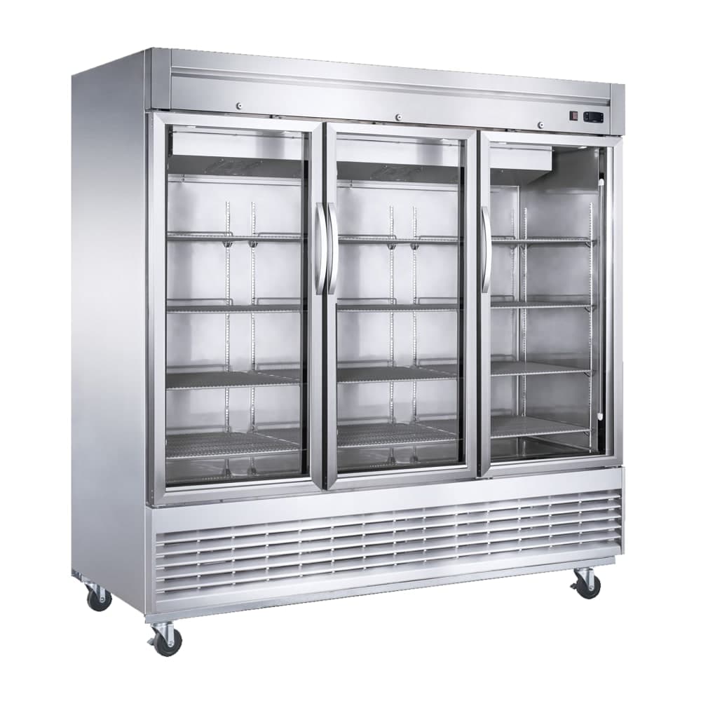 Dukers D83R-GS3 82 5/8" Three Section Reach In Refrigerator, (3) Left/Right Hinge Glass Doors, 115v