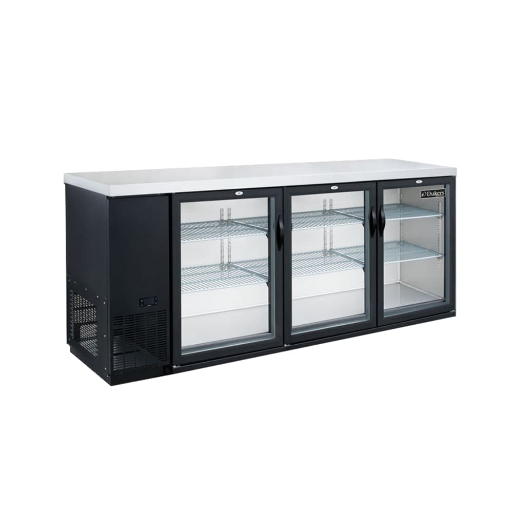 Dukers DBB72-H3 70 3/8" Bar Refrigerator - 3 Swinging Glass Doors, Black, 115v