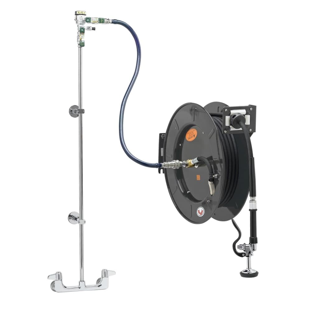 T&S 5HR-242-01XE1 Double Temperature Open Hose Reel Assembly w/ 50 ft Hose & Mixing Faucet, 1/2" Female Inlets