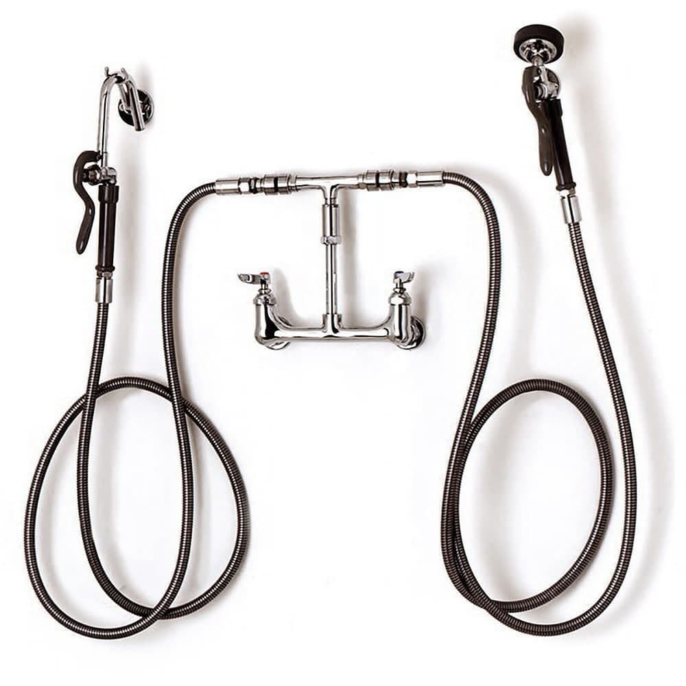 T&S B-2331 Wall Mount Pot Filler Faucet w/ (2) 144" Hoses, Hook Nozzle, & Spray Valve
