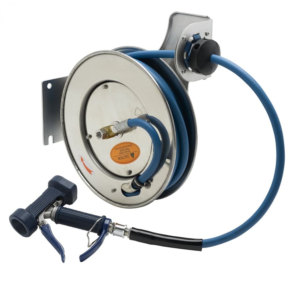 T&S B-7132-05 Hose Reel, 35 ft, 3/8" Diameter, Front Water Gun, Stainless Steel