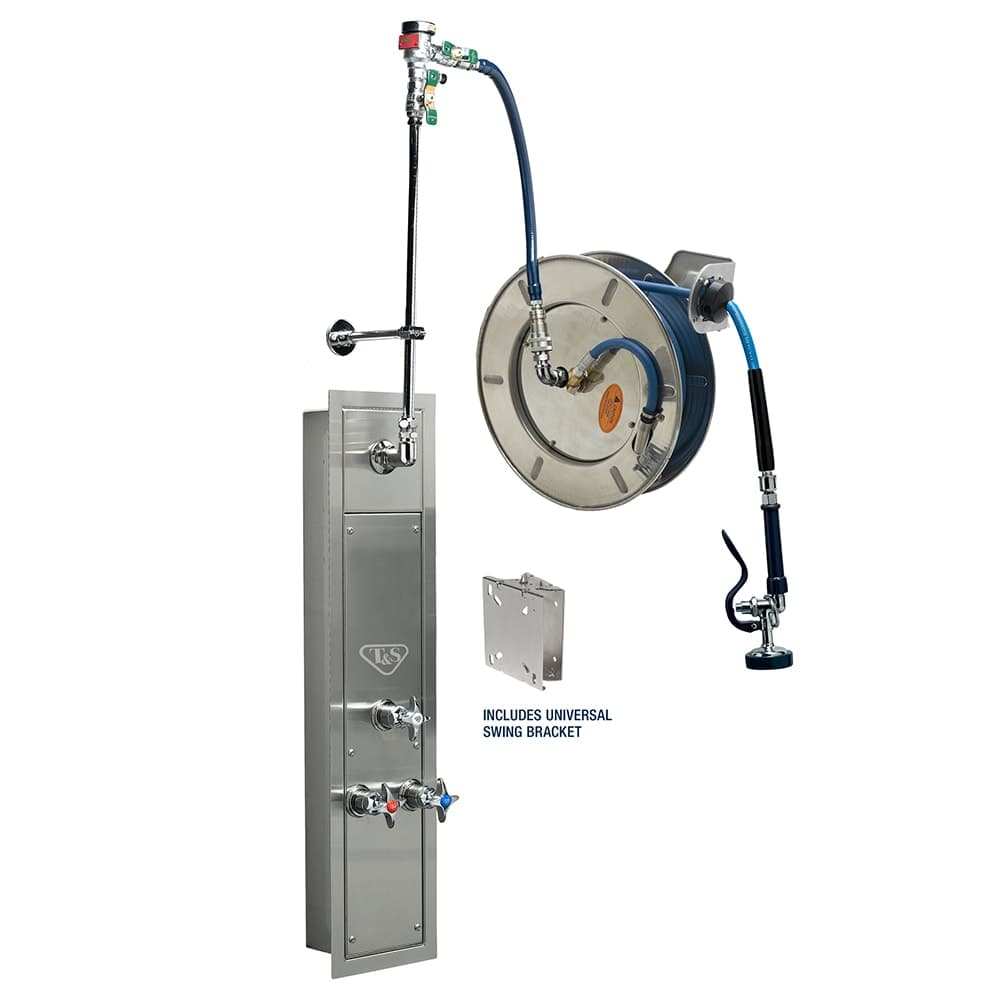 T&S B-7132-U01WS7TC Recess-Mount Hose Reel Cabinet w/ Top Inlets & 35' Open Stainless Steel Hose, Cerama Cartridges
