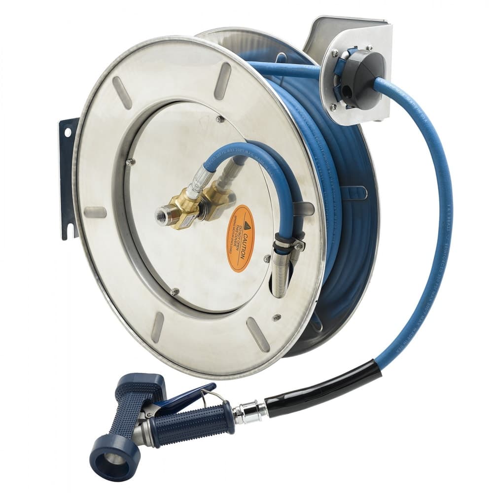 T&S B-7142-02 Hose Reel, 50 ft, 3/8" Diameter, Rear Water Gun, Stainless Steel