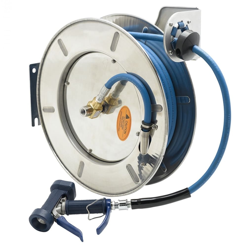 T&S B-7142-05 Hose Reel, 50 ft, 3/8" Diameter, Front Water Gun, Stainless Steel