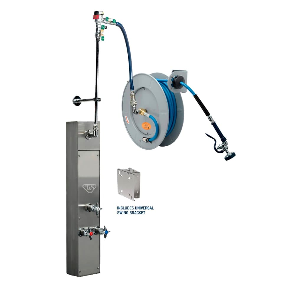 T&S B-7242-U01WS8BC 50 ft Surface-Mount Hose Reel Cabinet w/ Bottom Inlets & 50' Open Stainless Steel Hose
