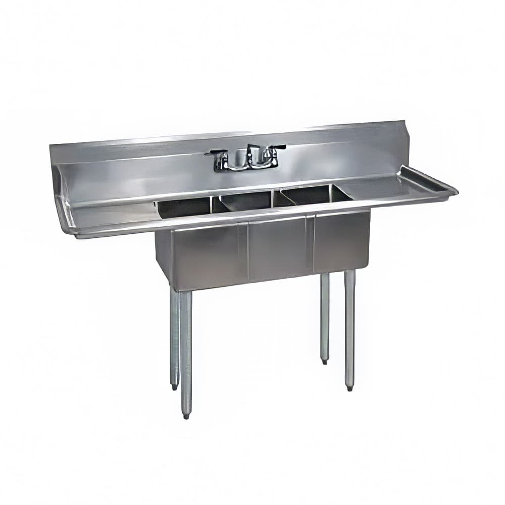 BK Resources BKS-3-1014-10-15T 60" 3 Compartment Sink w/ 10"L x 14"W Bowl, 10" Deep