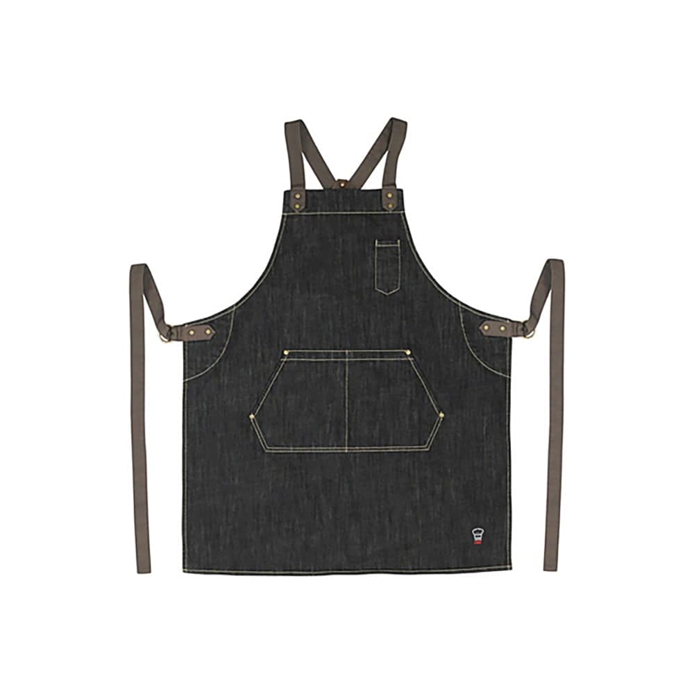 Winco BADN-3126 Full Length Bib Apron w/ (3) Pockets - 31 3/4" x 26 3/4", Poly/Cotton, Dark Wash Denim