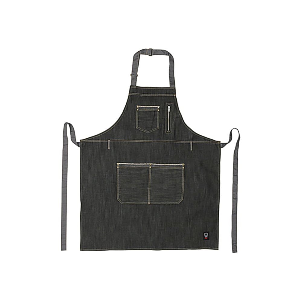 Winco BADN-3430 Full Length Bib Apron w/ (4) Pockets - 34 1/2" x 30 1/4", Poly/Cotton, Dark Wash Denim