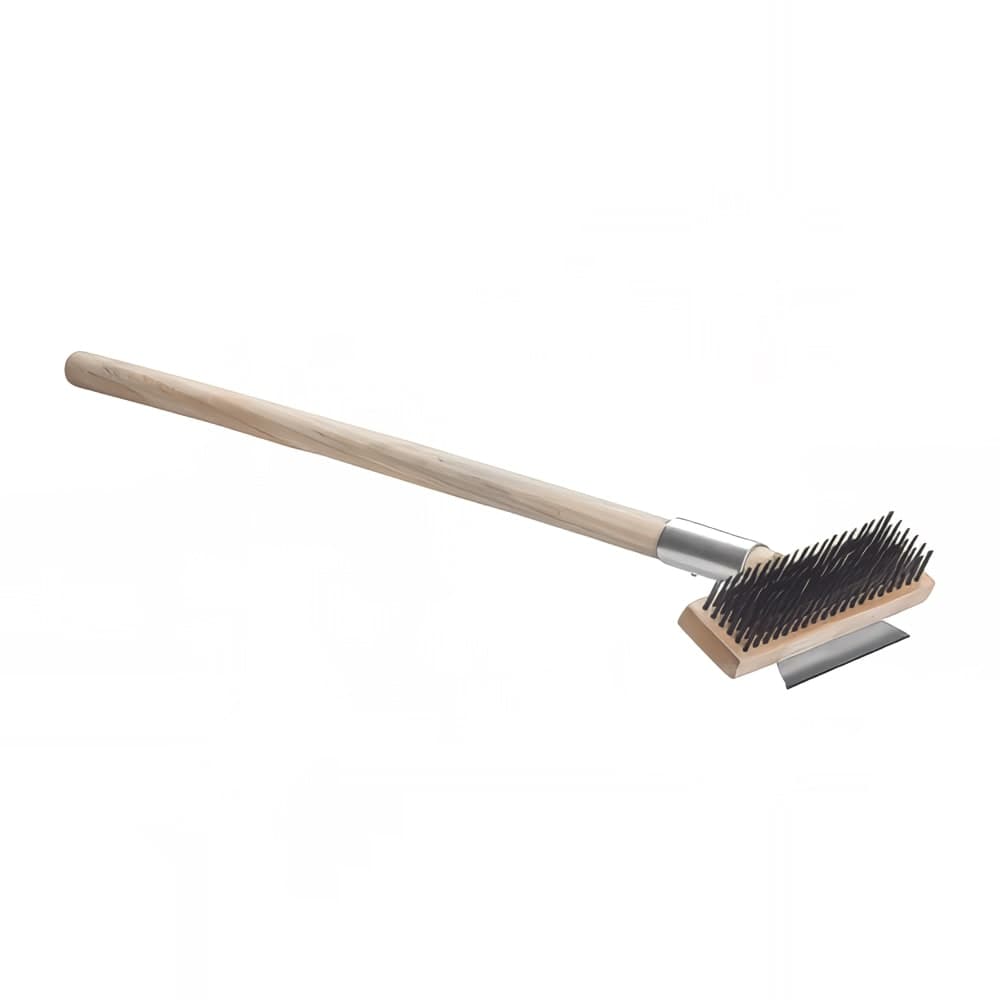 Winco BR-27 27" Pizza Oven Brush w/ Wire Bristles & Scraper, Wood Handle