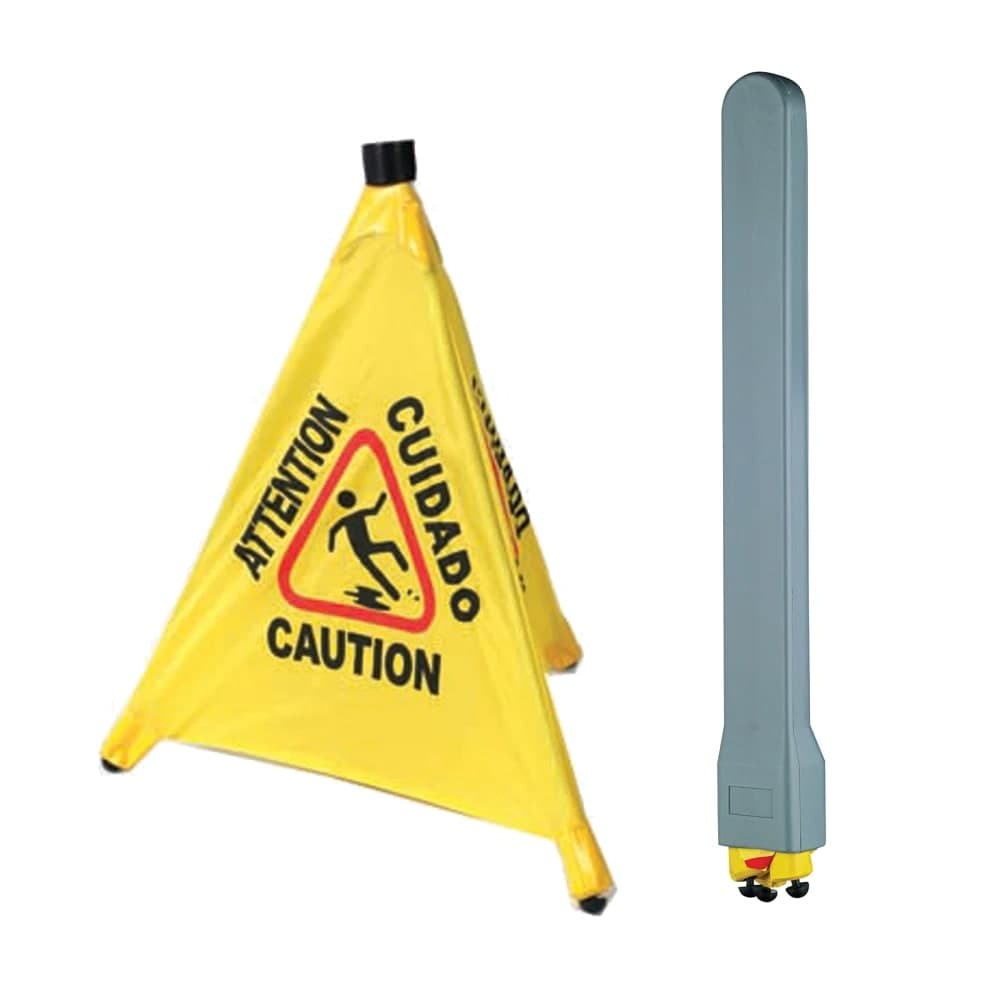 Winco CSF-SET 19 3/4" Wet Floor Safety Cone w/ Wall Mount Storage Tube - Pop Up, Yellow