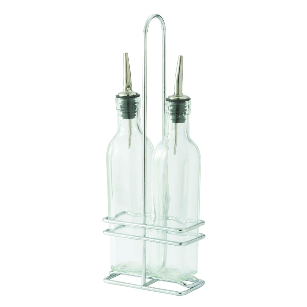 Winco GOB-16S 16 oz Cruet Set w/ Chrome Rack & Metal Pourers - Glass, Clear