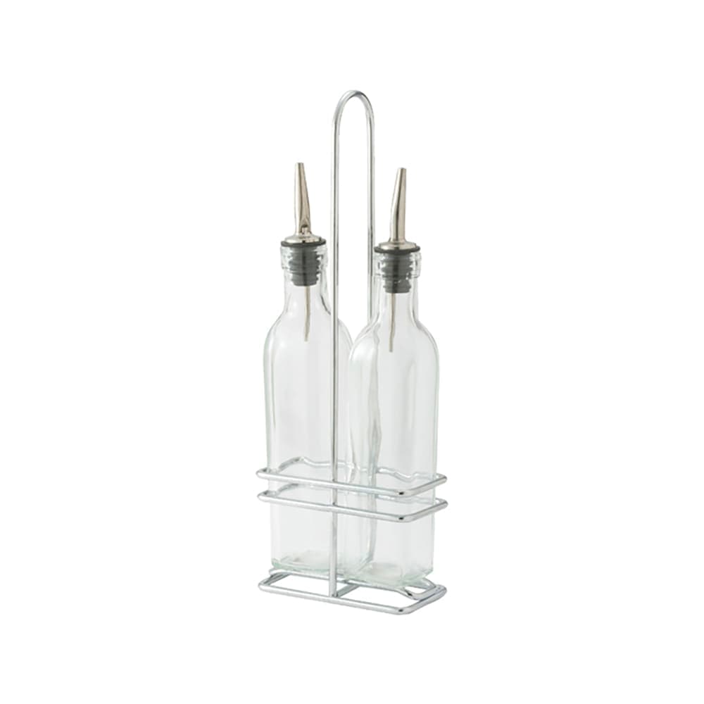 Winco GOB-8S 8 oz Cruet Set w/ Chrome Rack & Metal Pourers - Glass, Clear