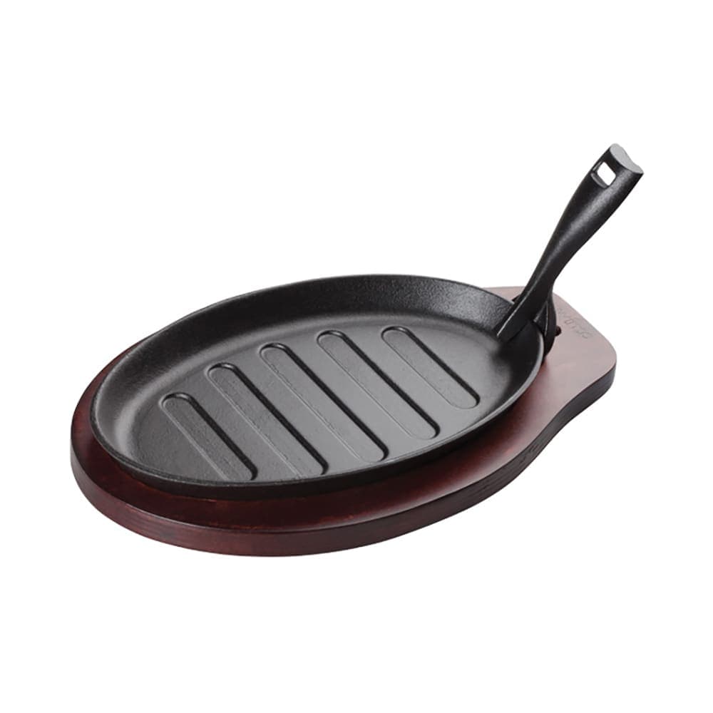 Winco ISP-3 Oval Cast Iron Steak Platter w/ Wood Underliner & Gripper Handle