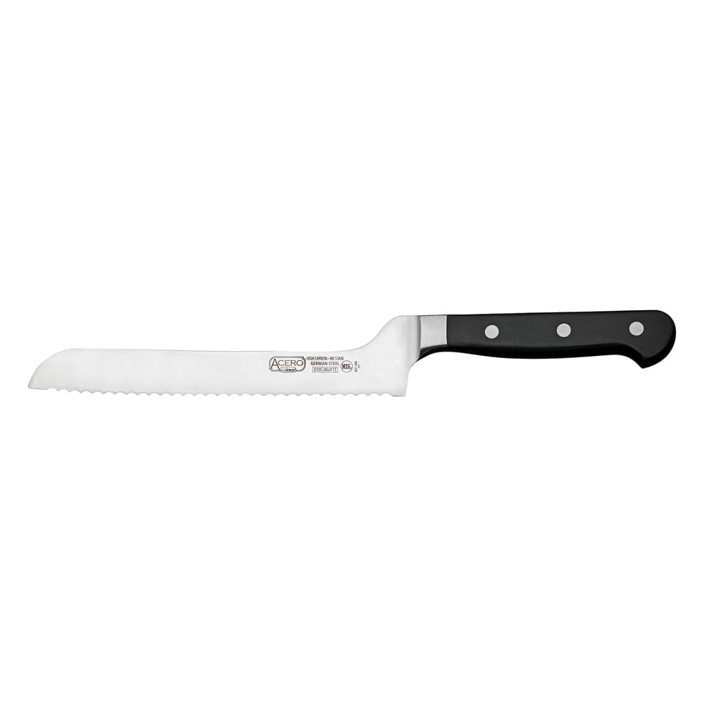 Winco KFP-83 8-in Bread Knife, Offset, 1-Piece Full Tang, Forged Carbon Steel, POM Handle