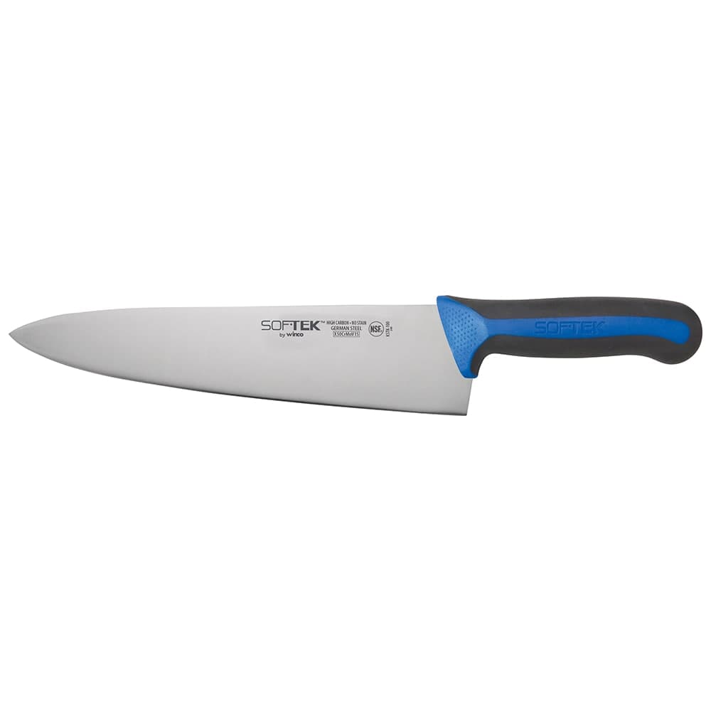 Winco KSTK-100 10" Chef's Knife w/ High Carbon Steel Blade & Black/Blue TPR Handle