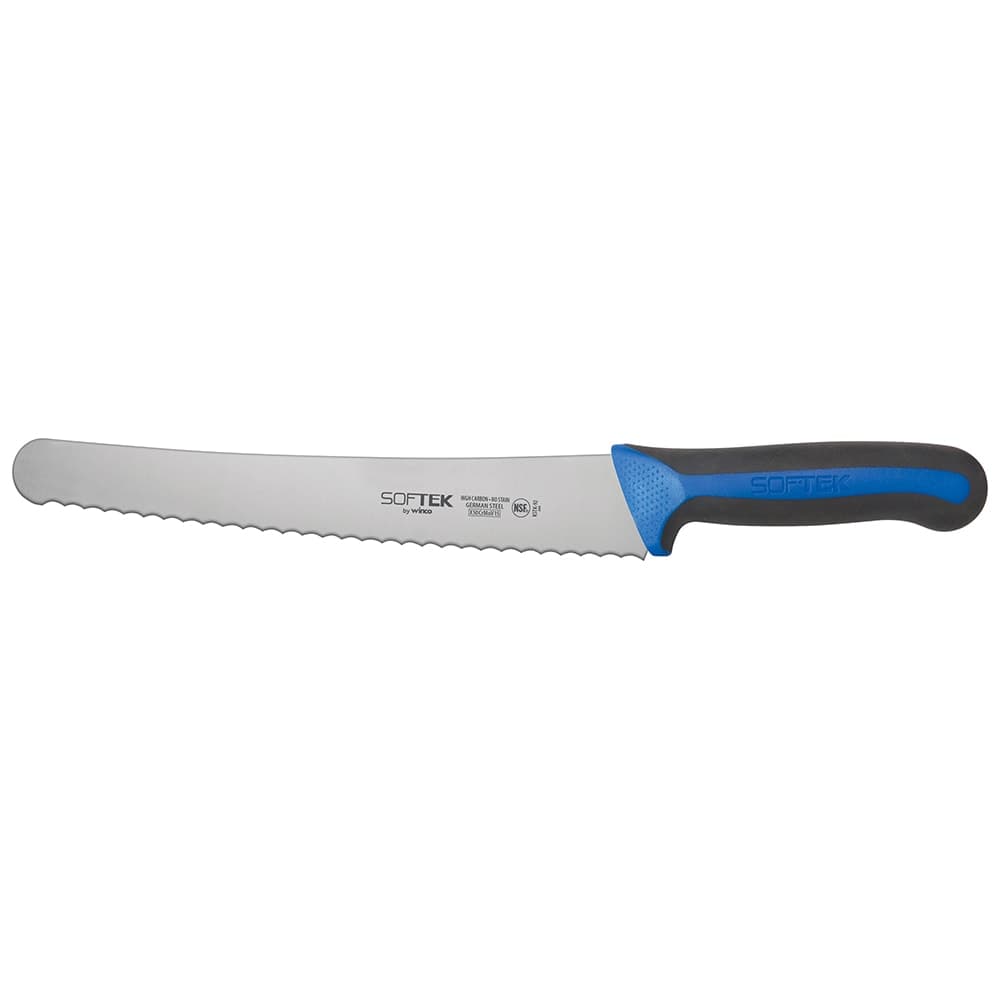 Winco KSTK-102 10" Bread Knife w/ High Carbon Steel Blade & Black/Blue TPR Handle