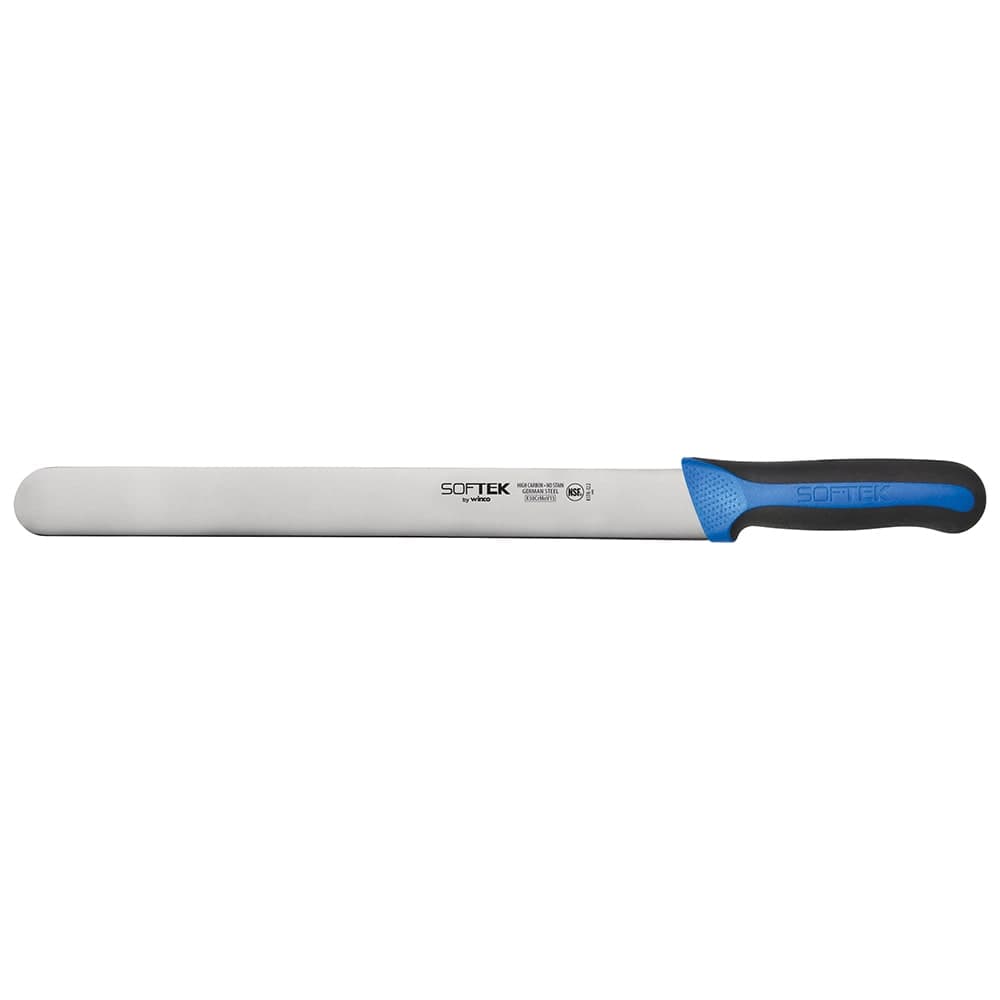 Winco KSTK-122 12" Straight Slicer Knife w/ High Carbon Steel Blade & Black/Blue TPR Handle