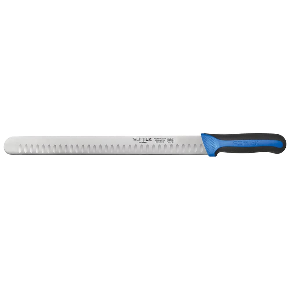 Winco KSTK-140 14" Slicer Knife w/ High Carbon Steel Blade & Black/Blue TPR Handle