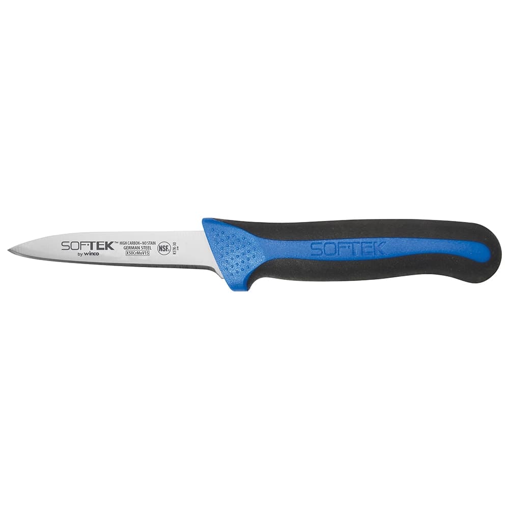 Winco KSTK-30 3 1/4" Paring Knife w/ High Carbon Steel Blade & Black/Blue TPR Handle