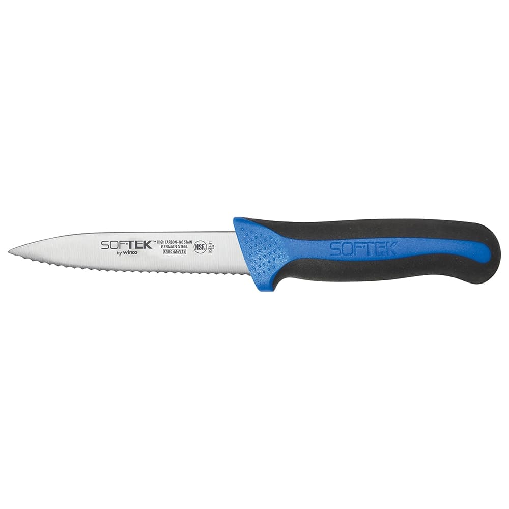 Winco KSTK-31 3 1/2" Serrated Paring Knife w/ High Carbon Steel Blade & Black/Blue TPR Handle
