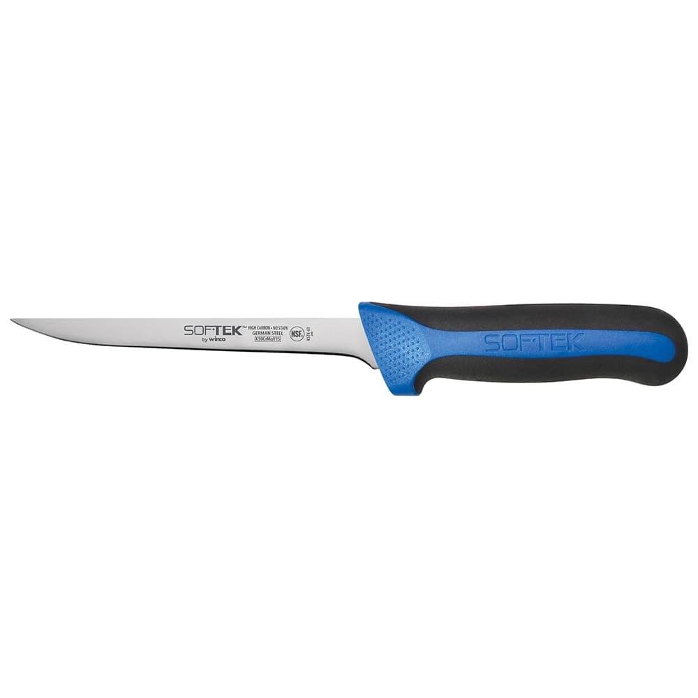 Winco KSTK-61 6" Narrow Boning Knife w/ High Carbon Steel Blade & Black/Blue Handle