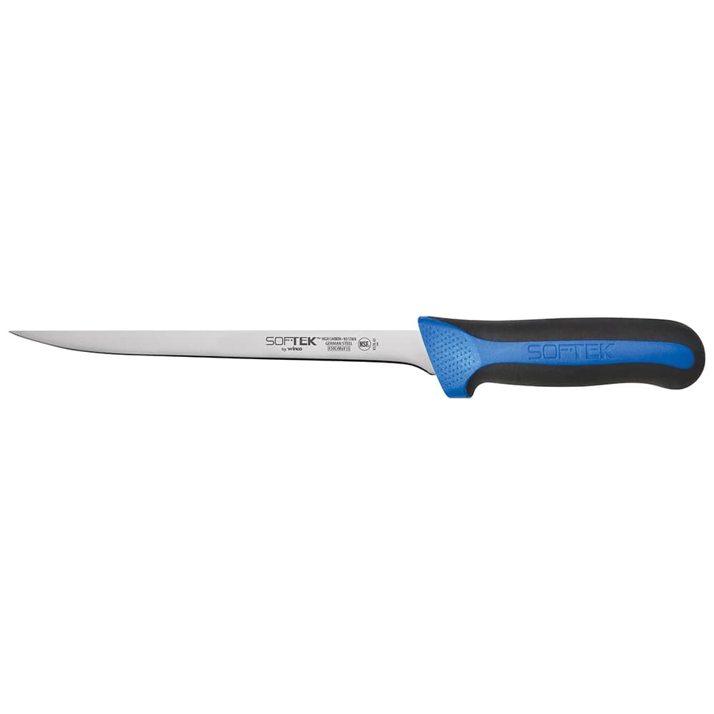 Winco KSTK-82 8" Flexible Fillet Knife w/ High Carbon Steel Blade & Black/Blue TPR Handle