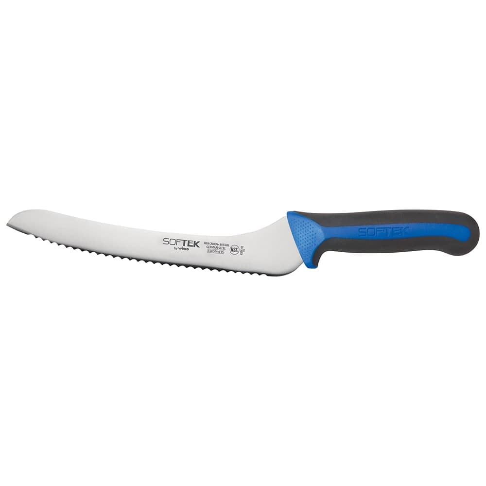 Winco KSTK-92 9" Offset Bread Knife w/ High Carbon Steel Blade & Black/Blue TPR Handle