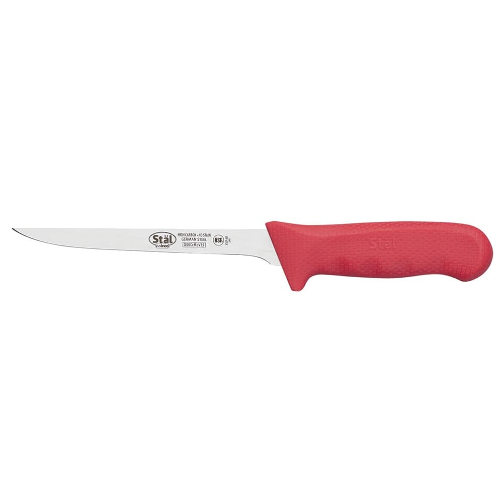 Winco KWP-61R 6" Narrow Boning Knife w/ Stiff High Carbon Steel Blade & Red Poly Handle