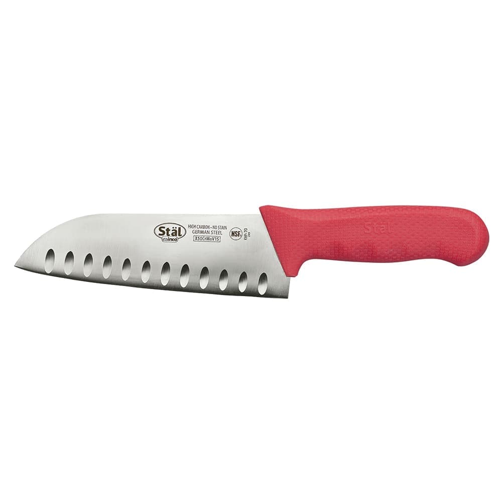 Winco KWP-70R 7" Santoku Knife w/ High Carbon Steel Blade & Red Poly Handle