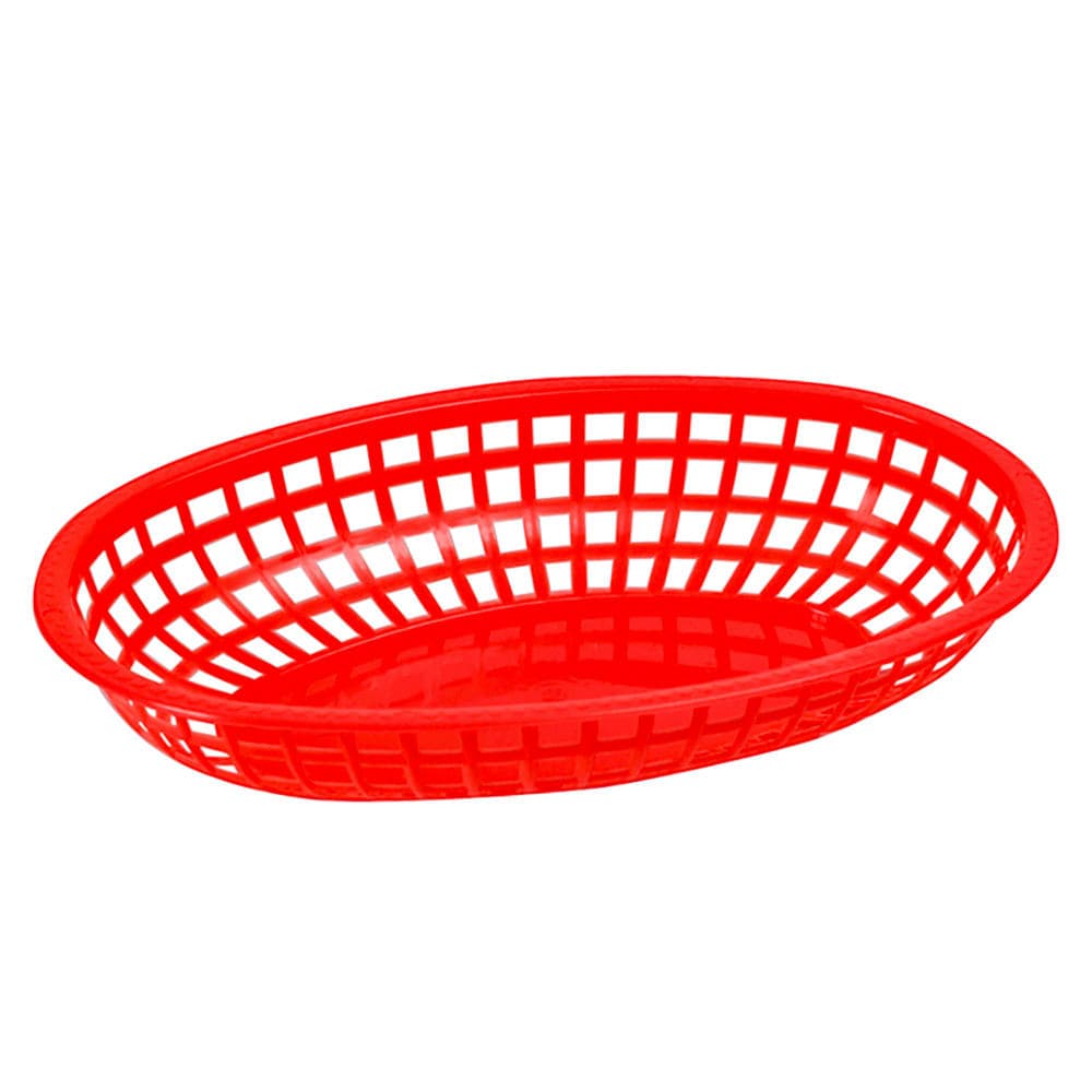 Winco POB-R Oval Fast Food Basket - 10 1/4" x 6 3/4" x 2", Heavy Duty Premium Plastic, Red