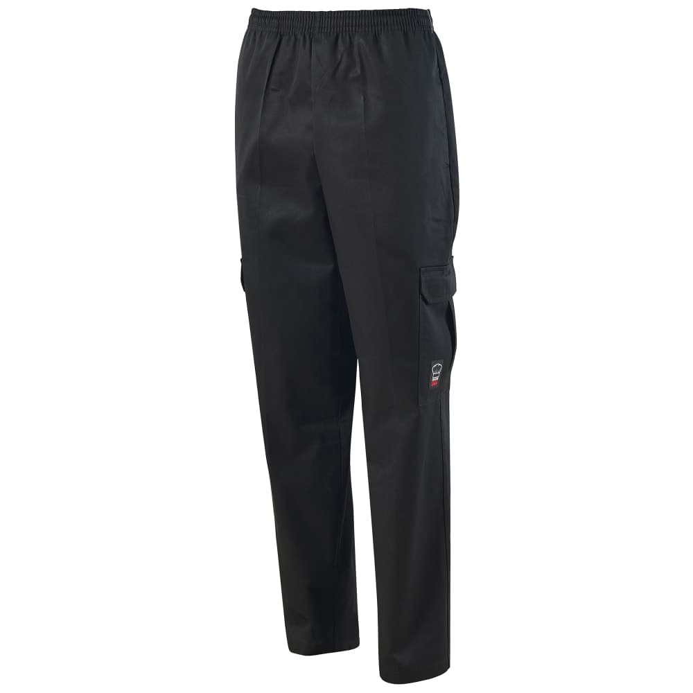 Winco UNF-11KXS Cargo Chef's Pants w/ Elastic Waist & Drawstring - Poly/Cotton, Black, X-Small