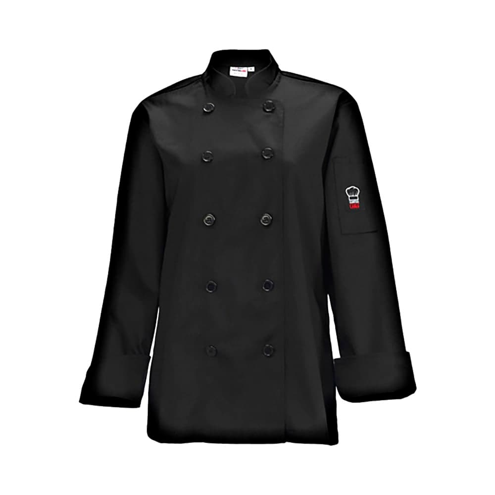 Winco UNF-7KL Beacon Women's Chef's Jacket w/ Long Sleeves - Poly/Cotton, Black, Large