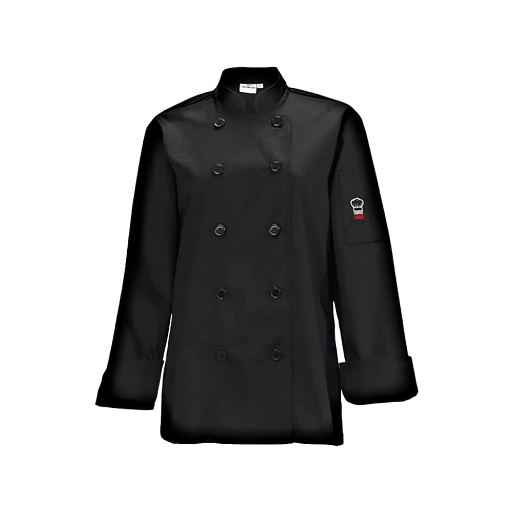 Winco UNF-7KM Beacon Women's Chef's Jacket w/ Long Sleeves - Poly/Cotton, Black, Medium