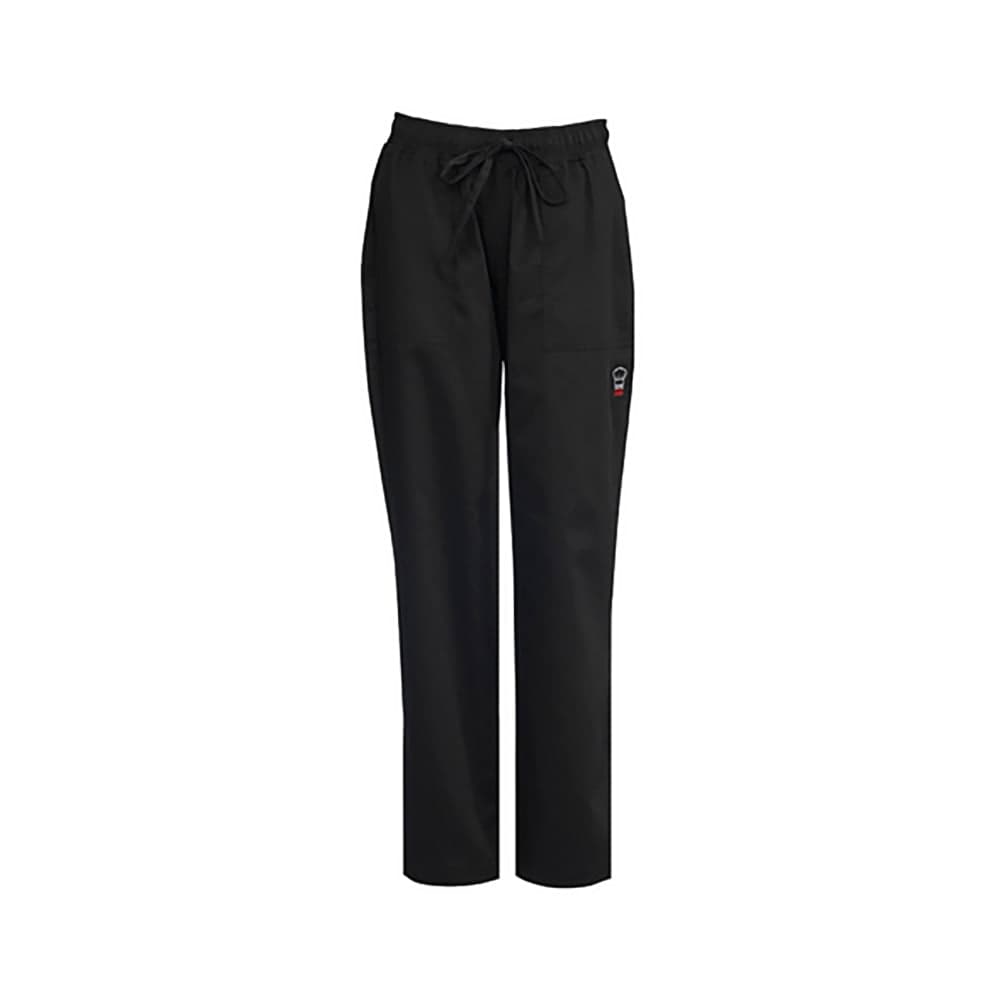 Winco UNF-8KM Briley Women's Chef Pants w/ Elastic Waist & Drawstring - Poly/Cotton, Black, Medium