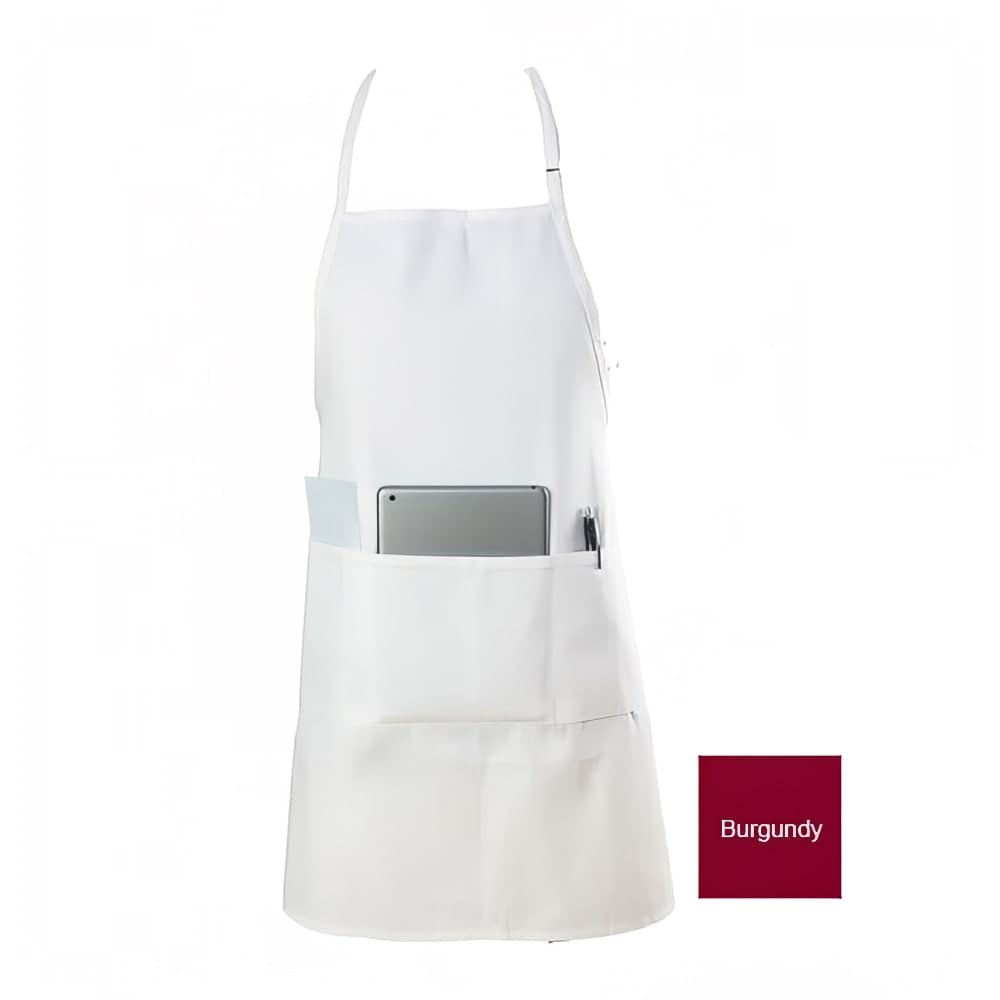 Chef Revival Bib Apron, 3 Compartment Pocket, Poly/Cotton, 28 x 30", Burgundy (601BAO-3-BG)