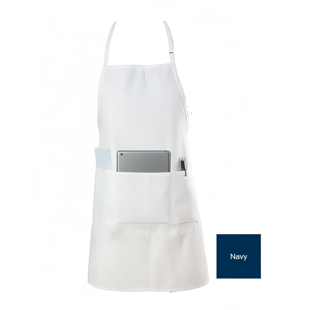 Chef Revival Bib Apron, 3 Compartment Pocket, Poly/Cotton, 28 x 30", Navy Blue (601BAO-3-NV)