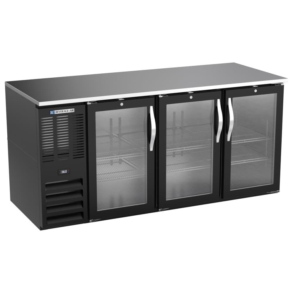 Beverage-Air BB72HC-FG-B 72" Bar Refrigerator - 3 Swinging Glass Doors, Black, 115v