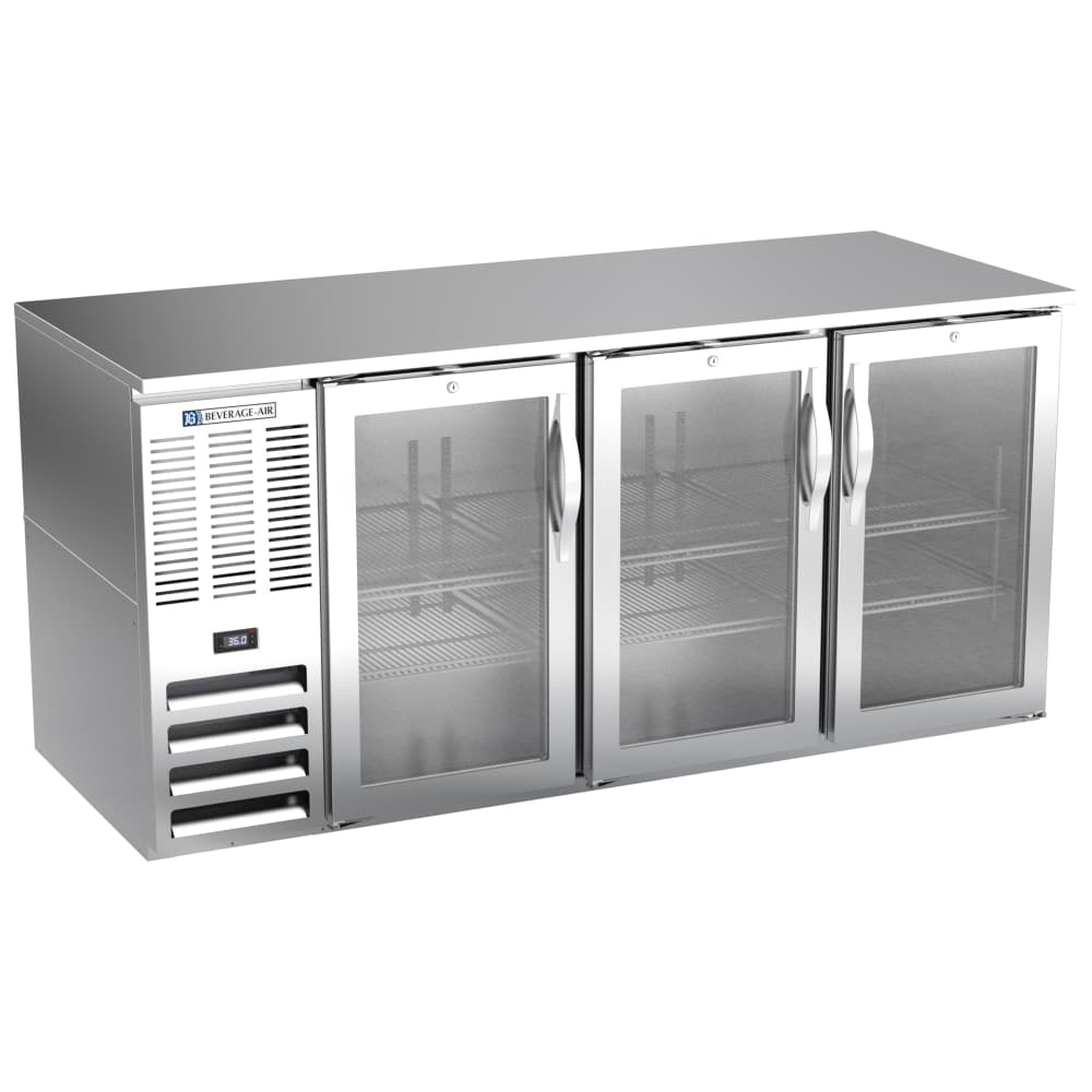 Beverage-Air BB72HC-FG-S 72" Bar Refrigerator - 3 Swinging Glass Doors, Stainless, 115v
