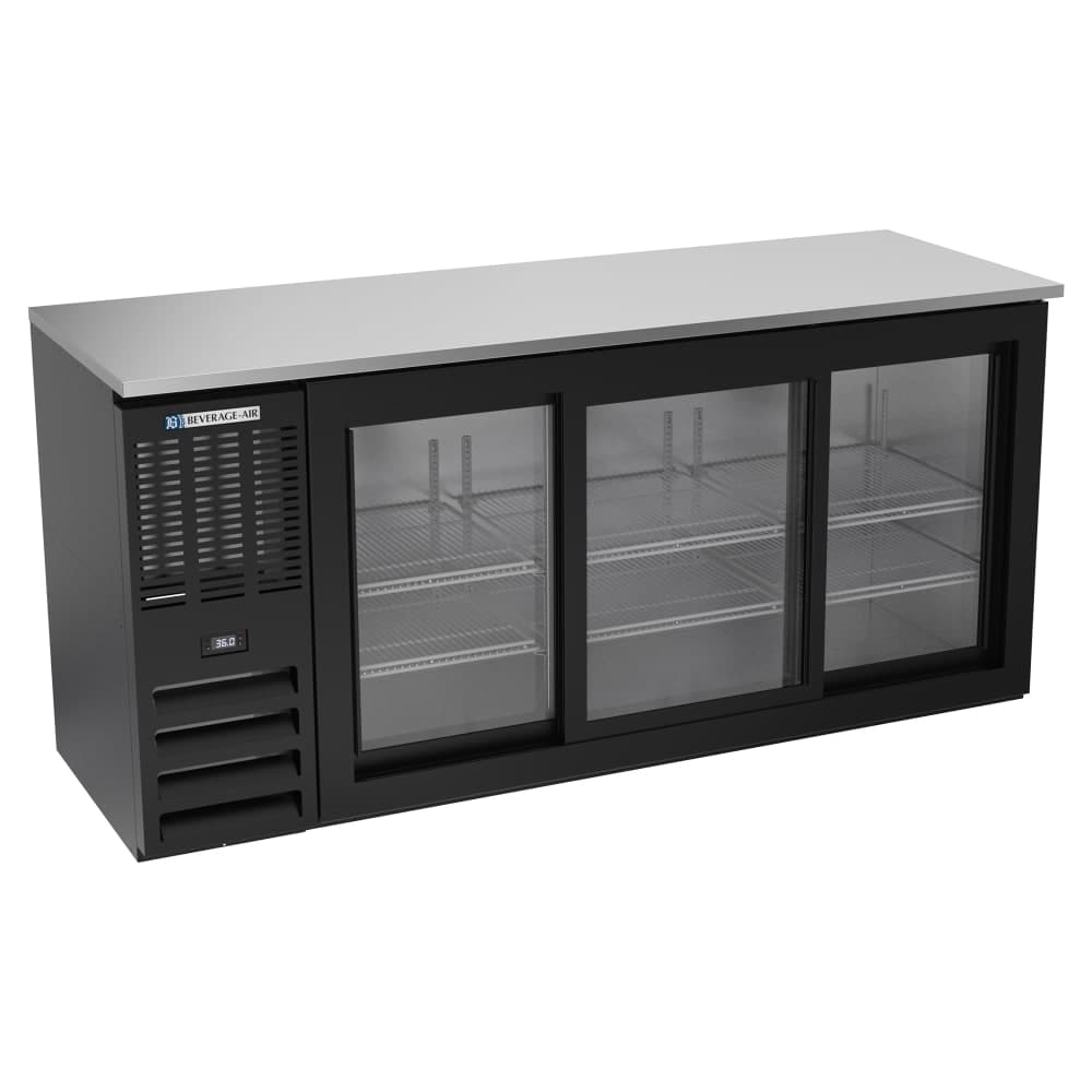 Beverage-Air BBN72HC-F-GS-B 72" Bar Refrigerator - 3 Sliding Glass Doors, Black, 115v