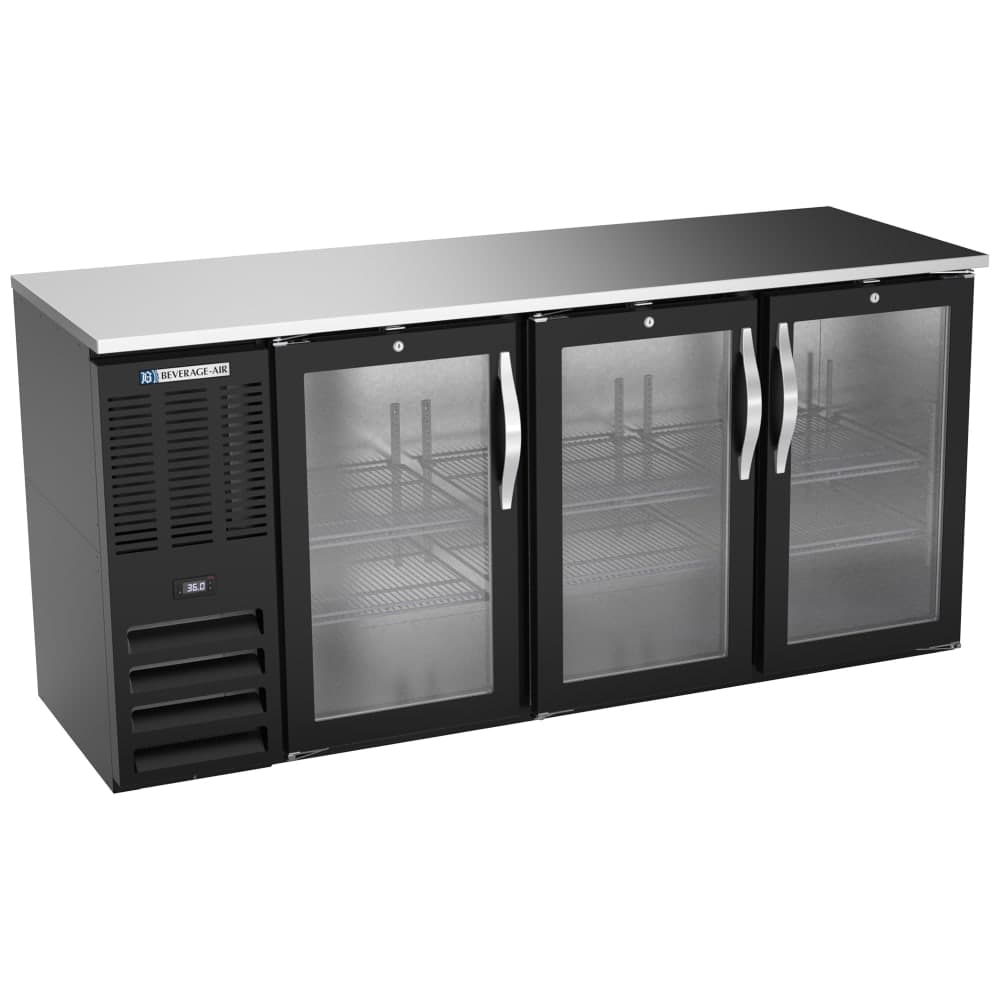 Beverage-Air BBN72HC-G-B 72" Bar Refrigerator - 3 Swinging Glass Doors, Black, 115v