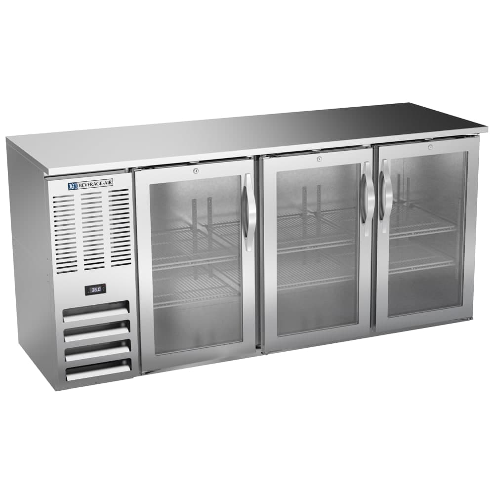 Beverage-Air BBN72HC-G-S 72" Bar Refrigerator - 3 Swinging Glass Doors, Stainless, 115v