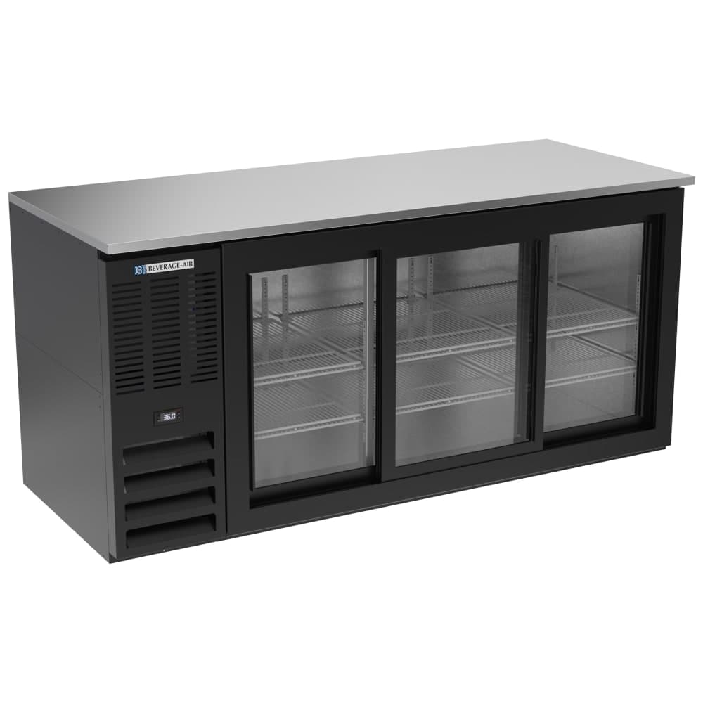 Beverage-Air BB72HC-GS-B 72" Bar Refrigerator - 3 Sliding Glass Doors, Black, 115v