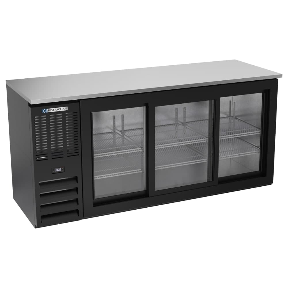 Beverage-Air BBN72HC-GS-B 72" Bar Refrigerator - 3 Sliding Glass Doors, Black, 115v