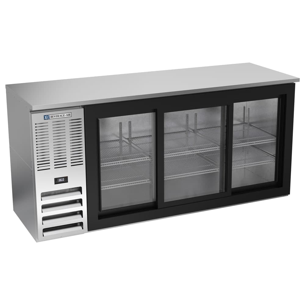 Beverage-Air BBN72HC-GS-S 72" Bar Refrigerator - 3 Sliding Glass Doors, Stainless, 115v