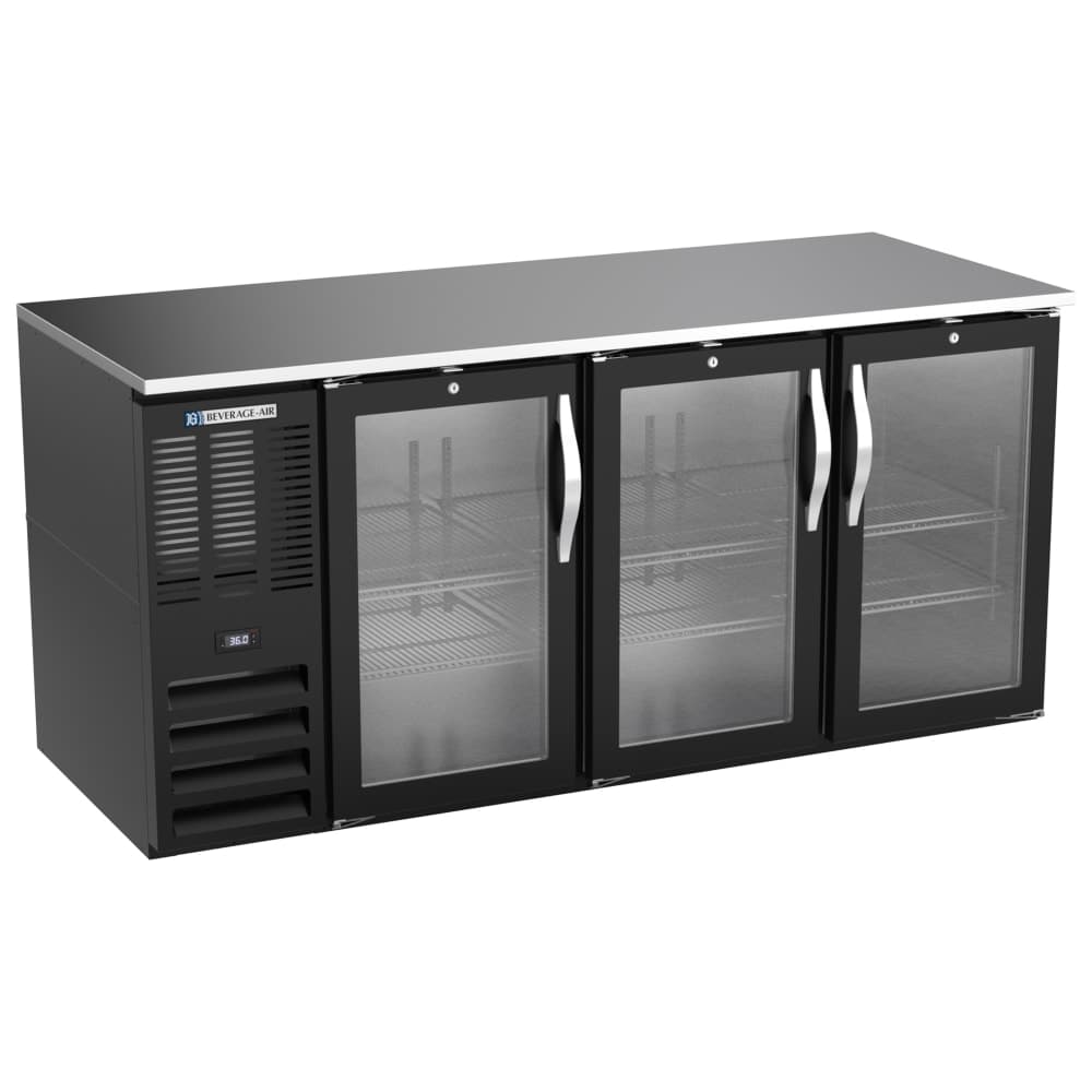 Beverage-Air BB72HC-FG-B 72" Bar Refrigerator - 3 Swinging Glass Doors, Black, 115v